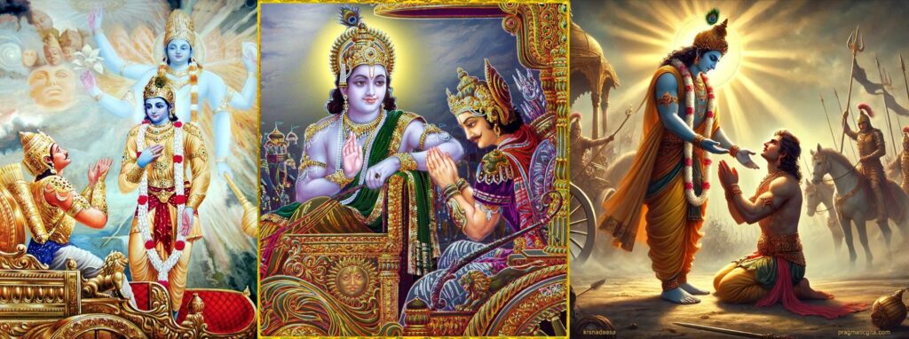 At once, Kansa’s affection turned to terror and rage. He seized Devaki by the hair, drew his sword, and was about to strike her down. But Vasudeva restrained him, pleading with folded hands: