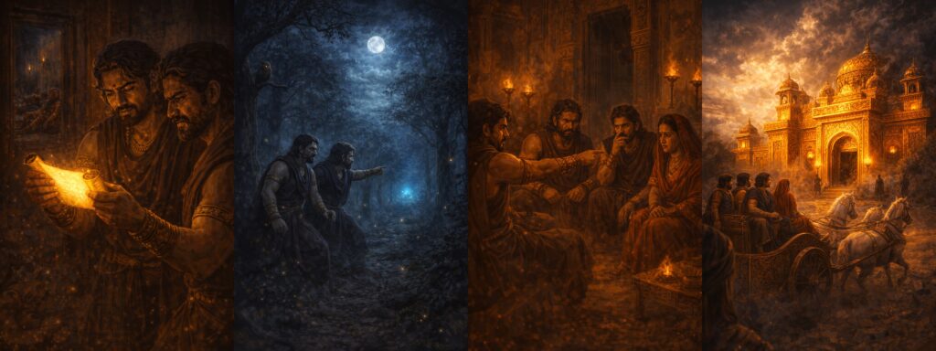 Bhima survives poisoning and is revived in Pātāla, while Vidura uncovers the deadly lac palace plot at Varanavata. Mahabharata in prose, Part-27A.