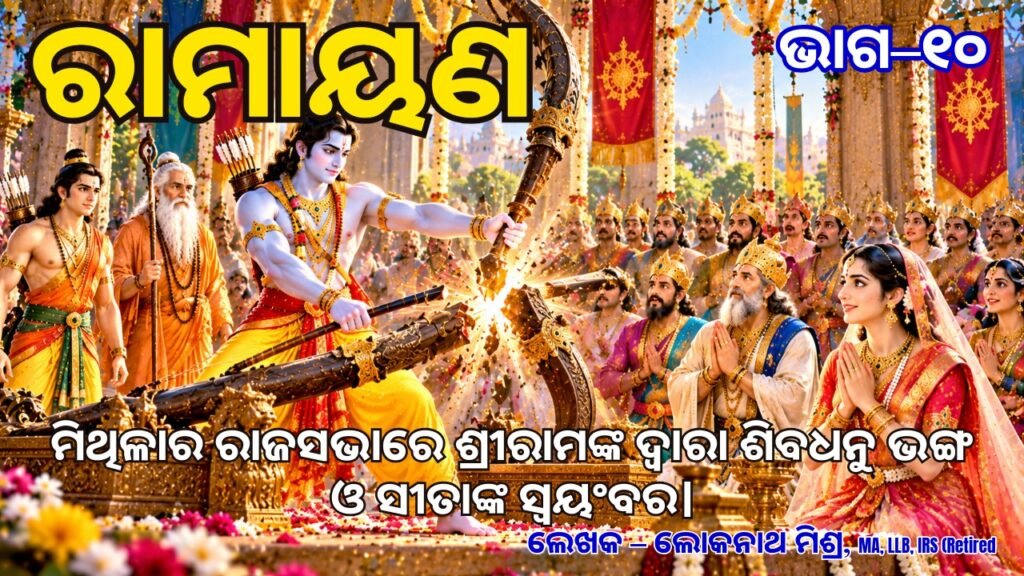 ମିଥିଳାର ରାଜସଭାରେ ଶ୍ରୀରାମ ଶିବଧନୁ ଭାଙ୍ଗୁଛନ୍ତି ଏବଂ ମାତା ସୀତା, ରାଜା ଜନକ ଓ ମହର୍ଷି ବିଶ୍ୱାମିତ୍ର ଏହି ଦିବ୍ୟ ଦୃଶ୍ୟ ଦେଖୁଛନ୍ତି।