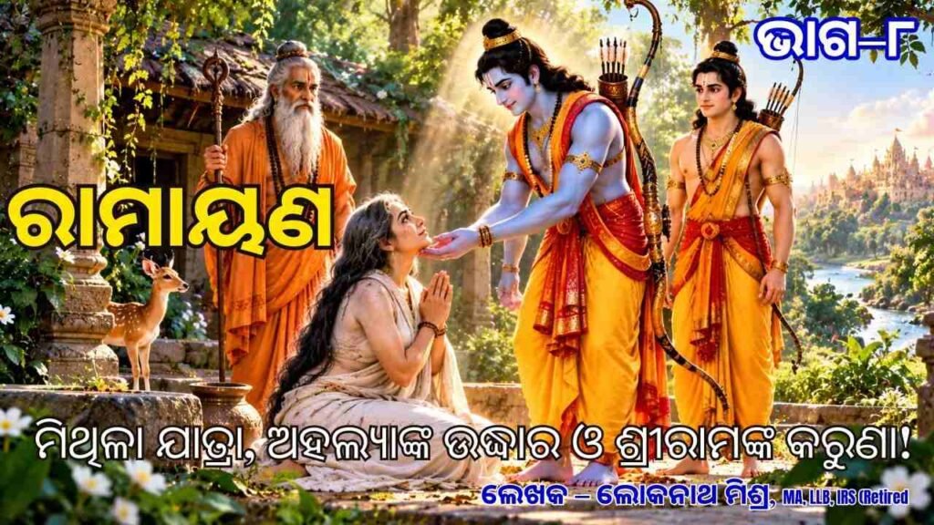 ଗୌତମ ଋଷିଙ୍କ ଆଶ୍ରମରେ ଅହଲ୍ୟାଙ୍କୁ କରୁଣା ପ୍ରଦାନ କରୁଛନ୍ତି ଶ୍ରୀରାମ, ପାଖରେ ଲକ୍ଷ୍ମଣ ଓ ବିଶ୍ୱାମିତ୍ର।
